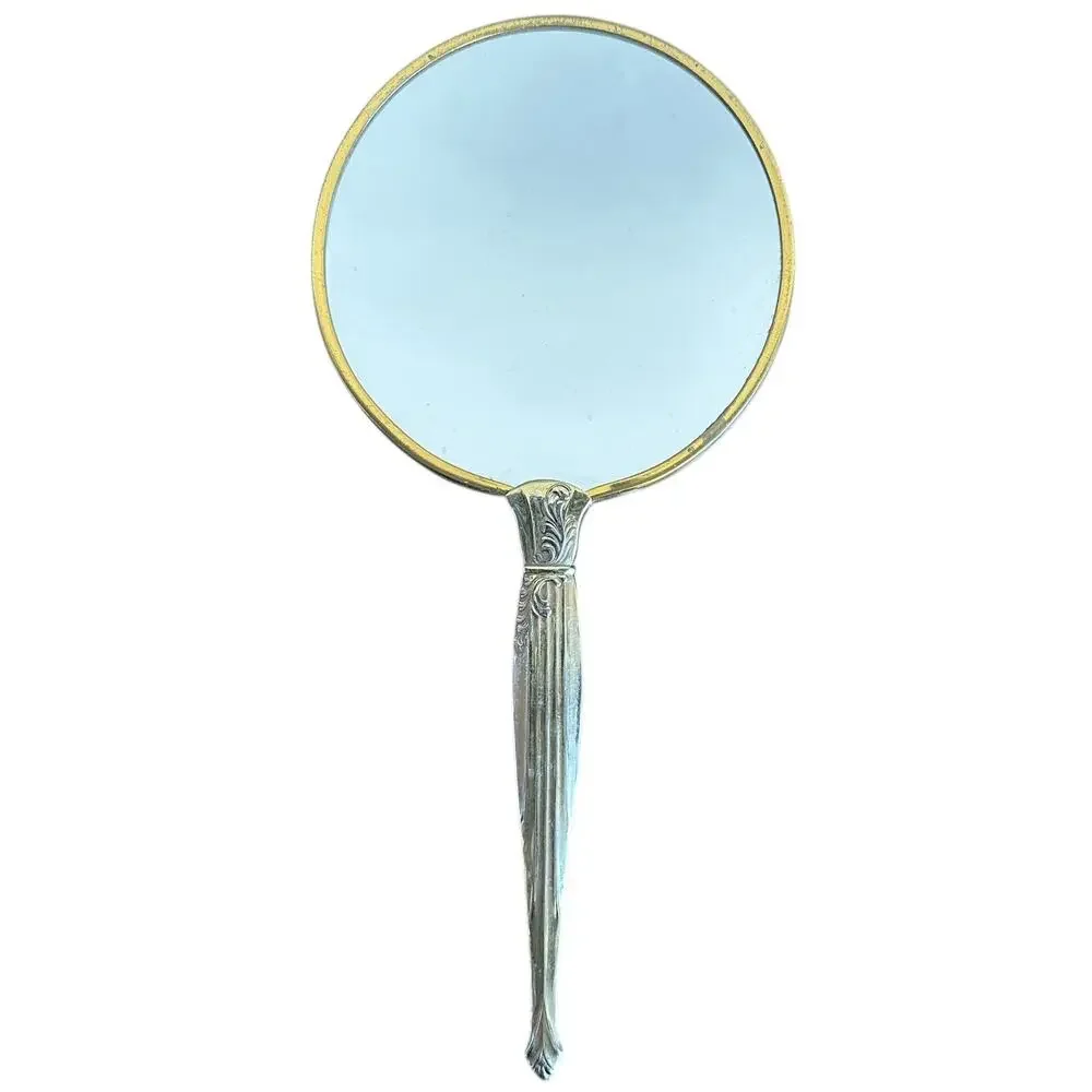 Vintage Art Nouveau Design Magnified Gold Tone Hand Mirror
